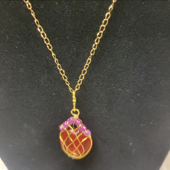 Hand Crafted Jewelry - Gold and Red Lotus Bud Style Necklace